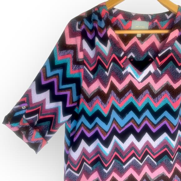 Skies Are Blue Chevron Shirt Dress L Multi Pink Purple Teal Black Zig Zag Print - Picture 2 of 11